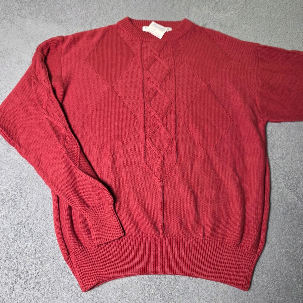 NFL QBC Mens M Sweater Red Cable Knit Diamond Textured Cotton Vintage 90s Top - Picture 1 of 8